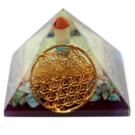 --Lrg Organite Pyramid 80mm - Flower of life symbol-