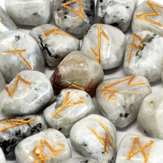 --Runes Stone Set in Pouch - Rainbow Moonstone-