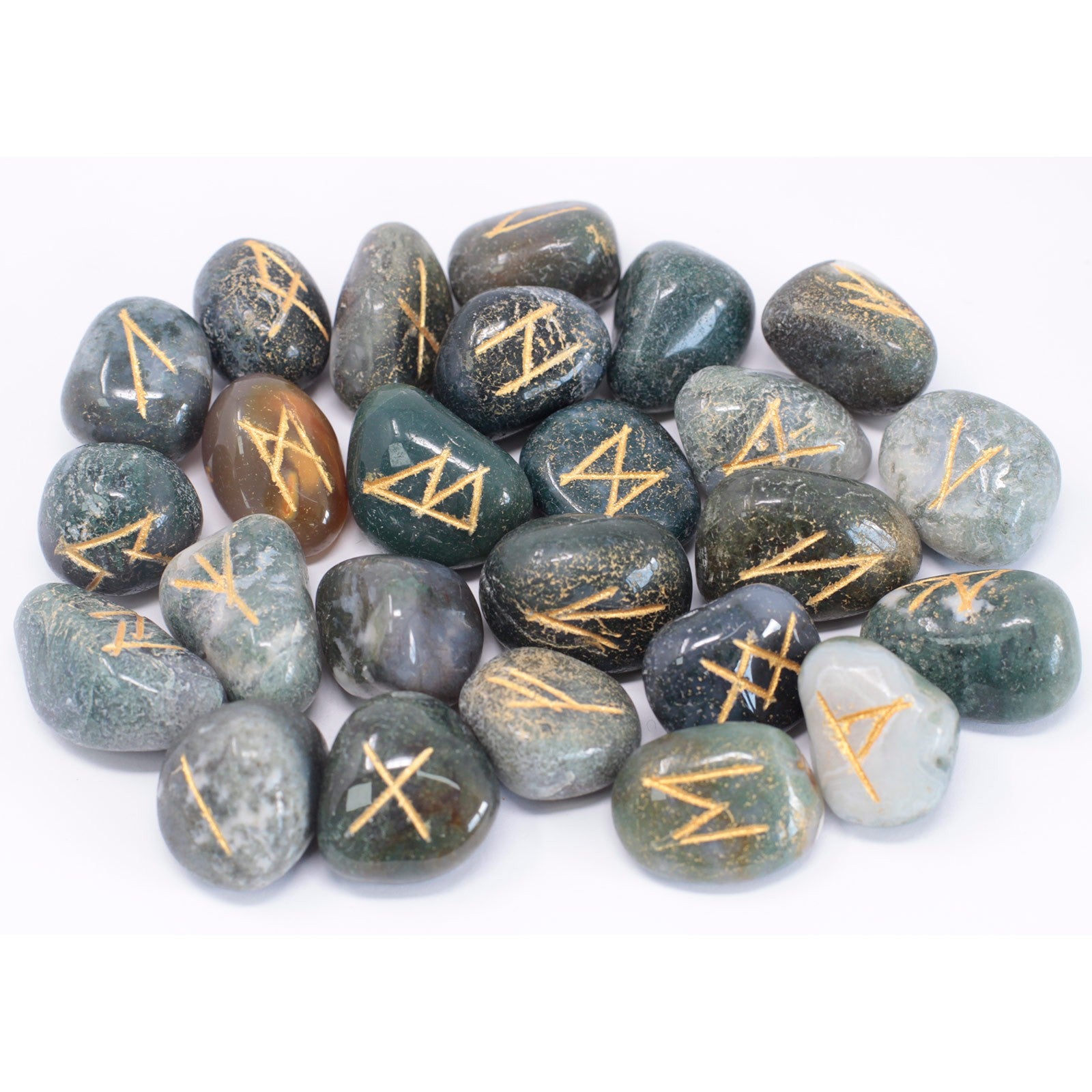 -1-Runes Stone Set in Pouch - Moss Agate-1