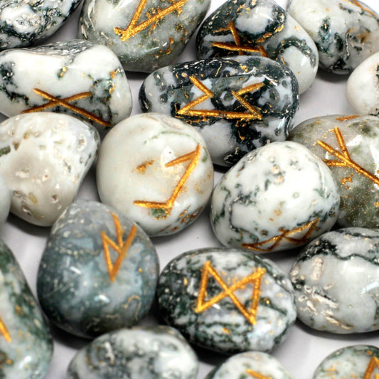 --Runes Stone Set in Pouch - Tree Agate-