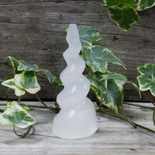 --Selenite Spiral Unicorn Horn Tower - 10 cm-