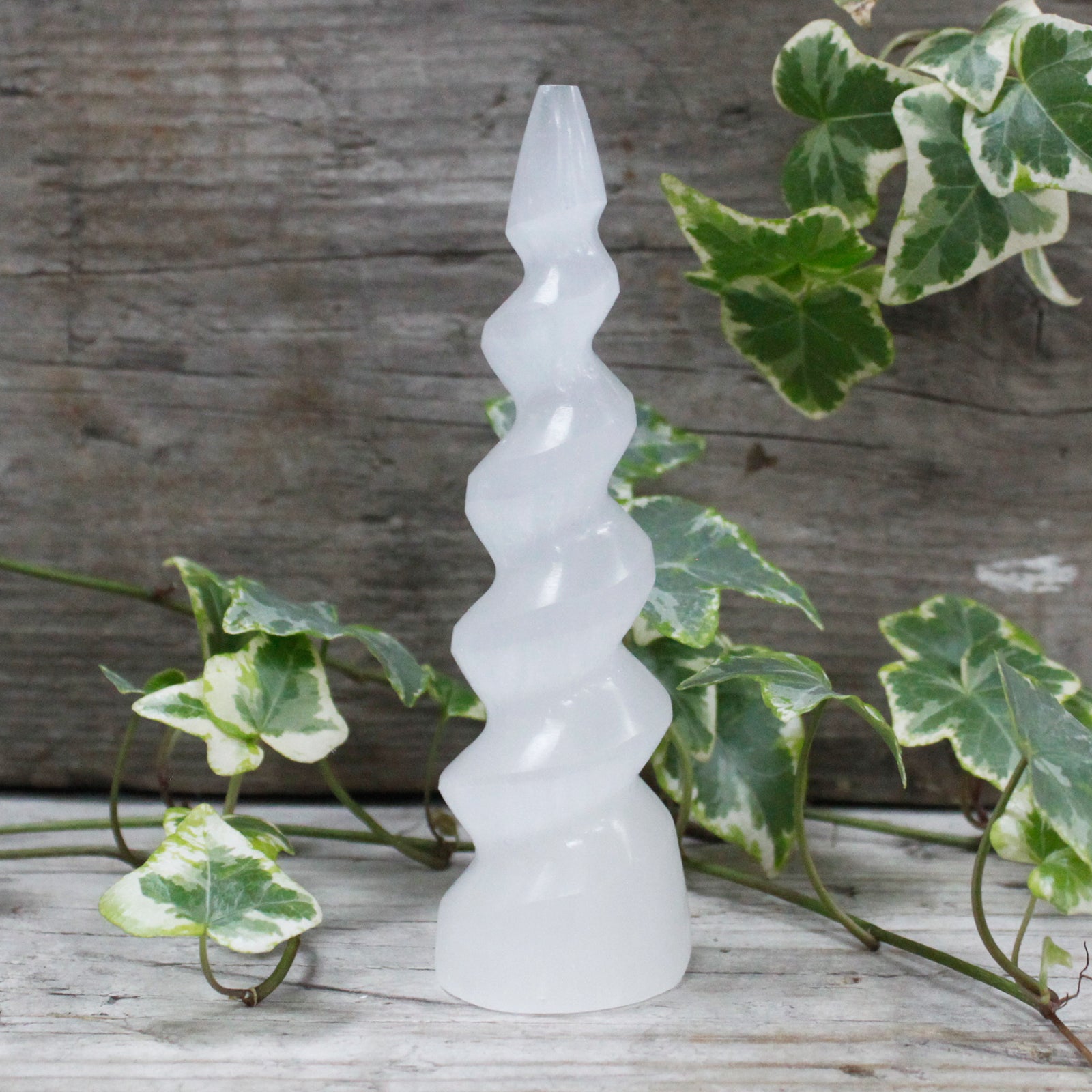 --Selenite Spiral Unicorn Horn Tower - 15 cm-