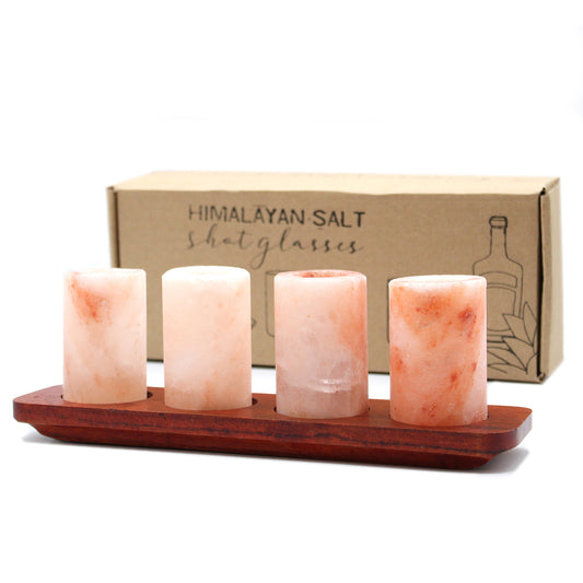 --Set of 4 Himalayan Salt Shot Glasses & Wood Serving Stand-