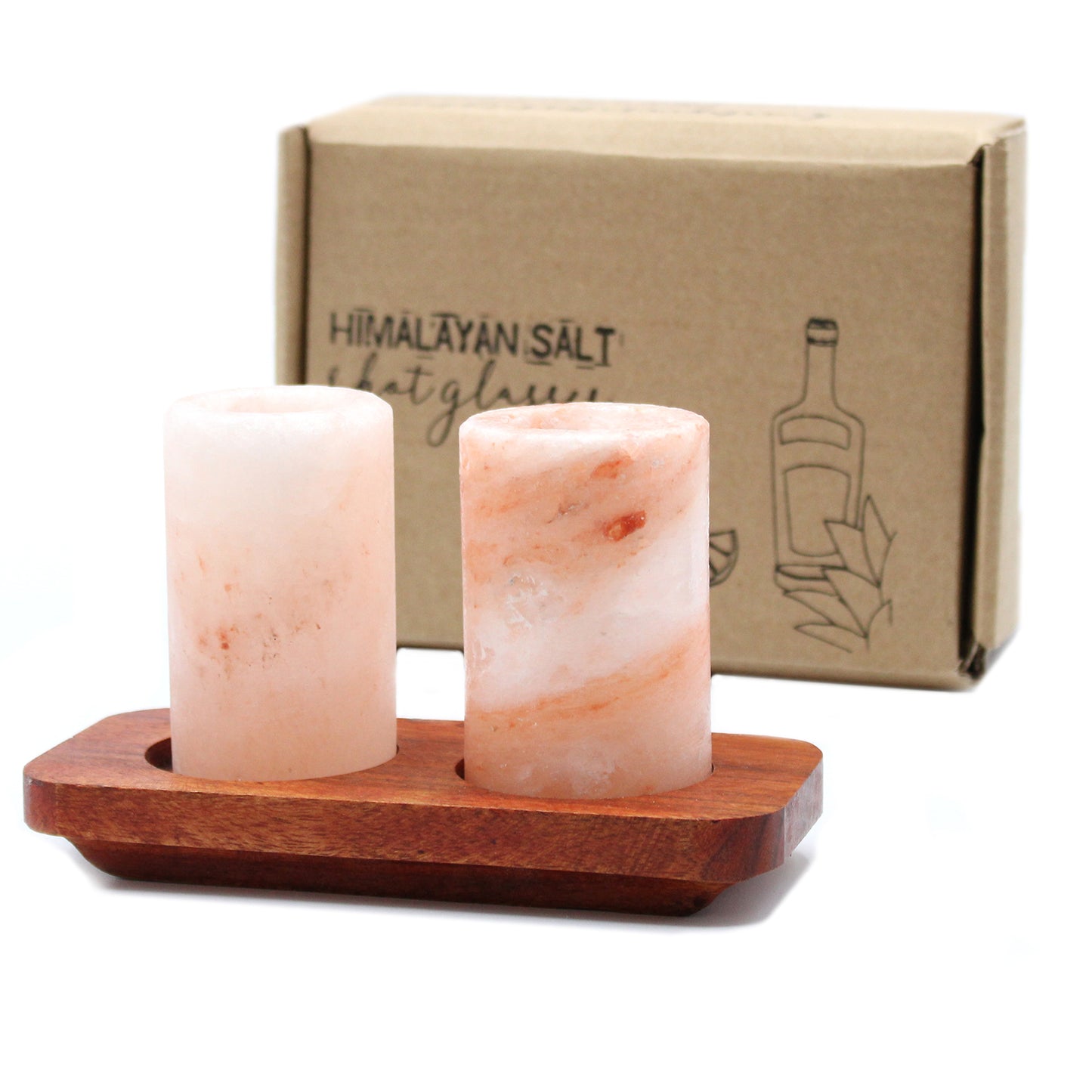 --Set of 2 Himalayan Salt Shot Glasses & Wood Serving Stand-