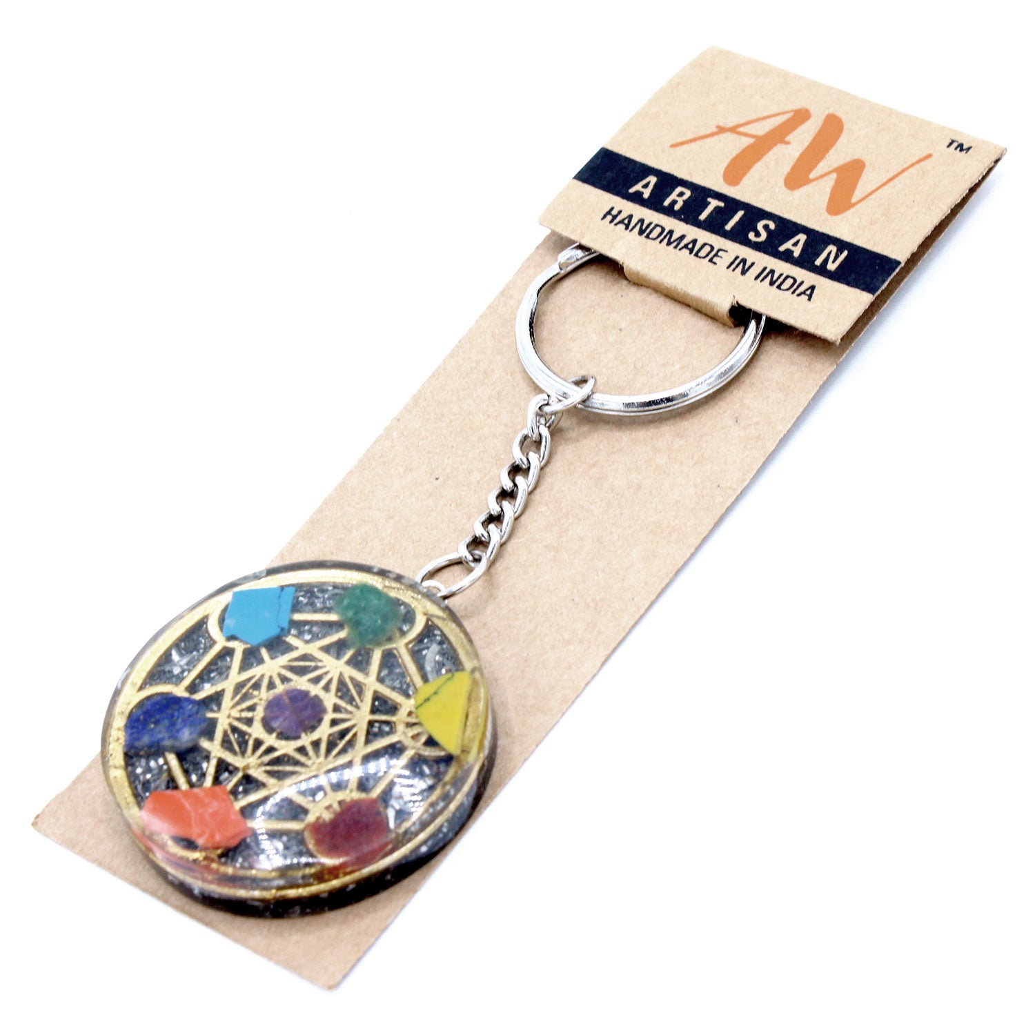 --Orgonite Power Keyring - Round Seven Chakra-