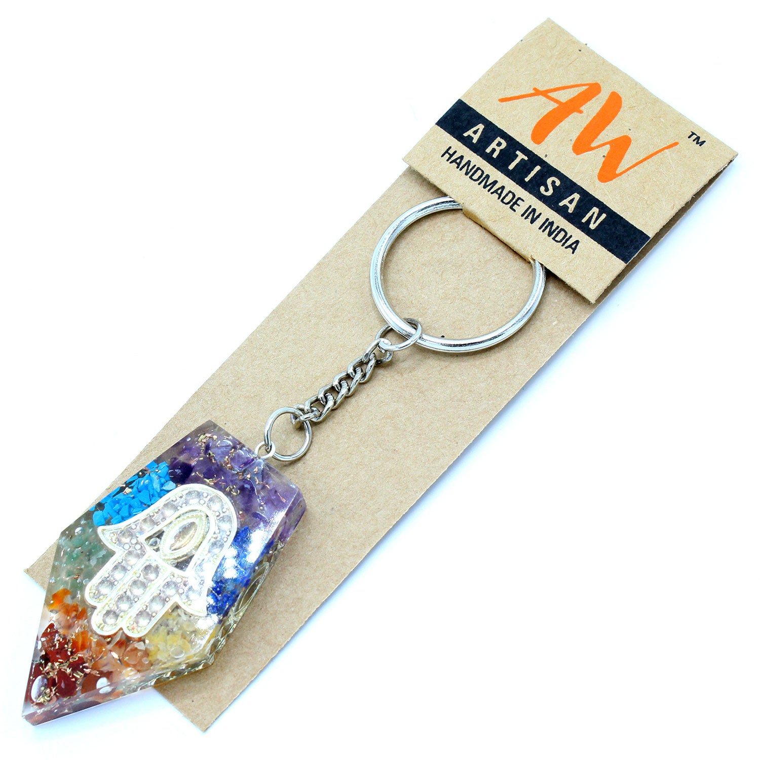 --Orgonite Power Keyring - Gemstone Chakra Hamsa-