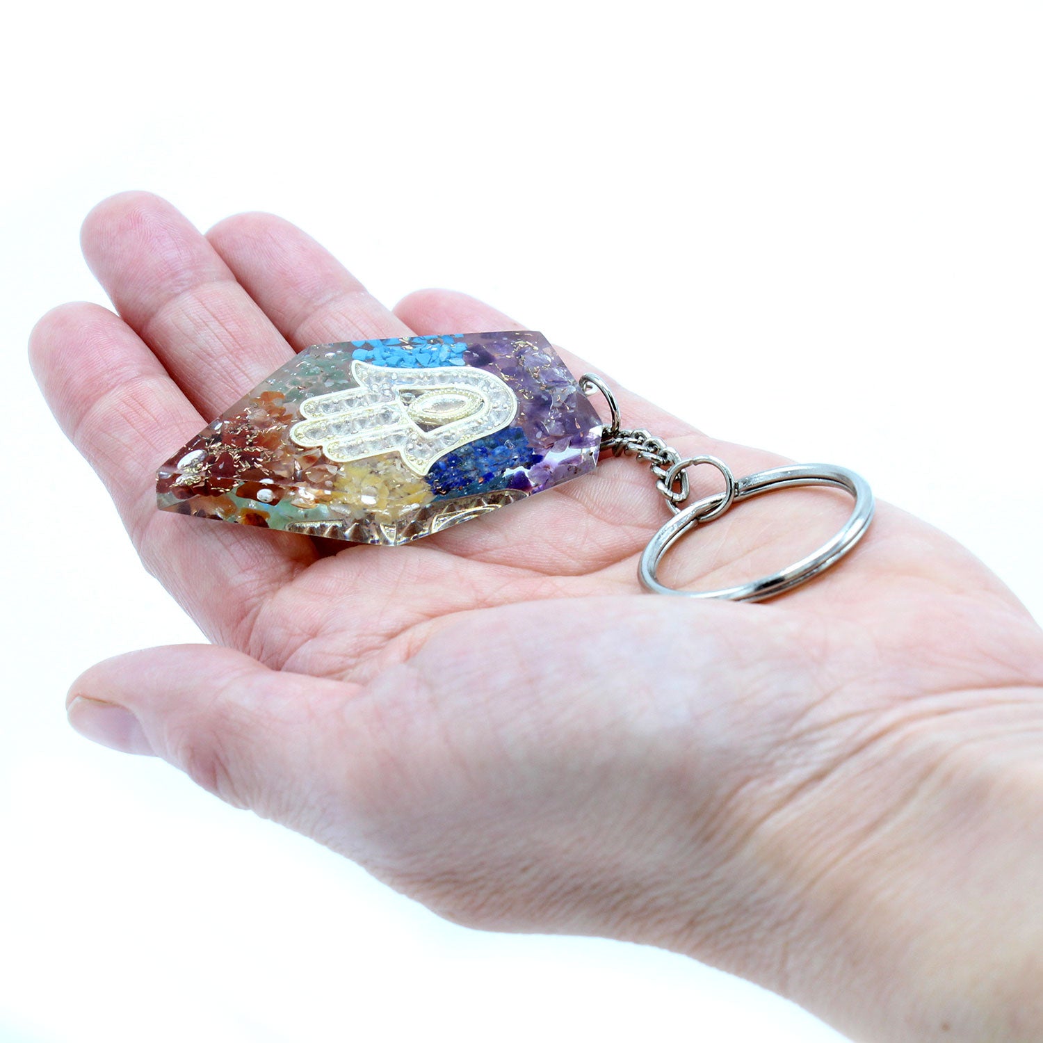 -1-Orgonite Power Keyring - Gemstone Chakra Hamsa-1