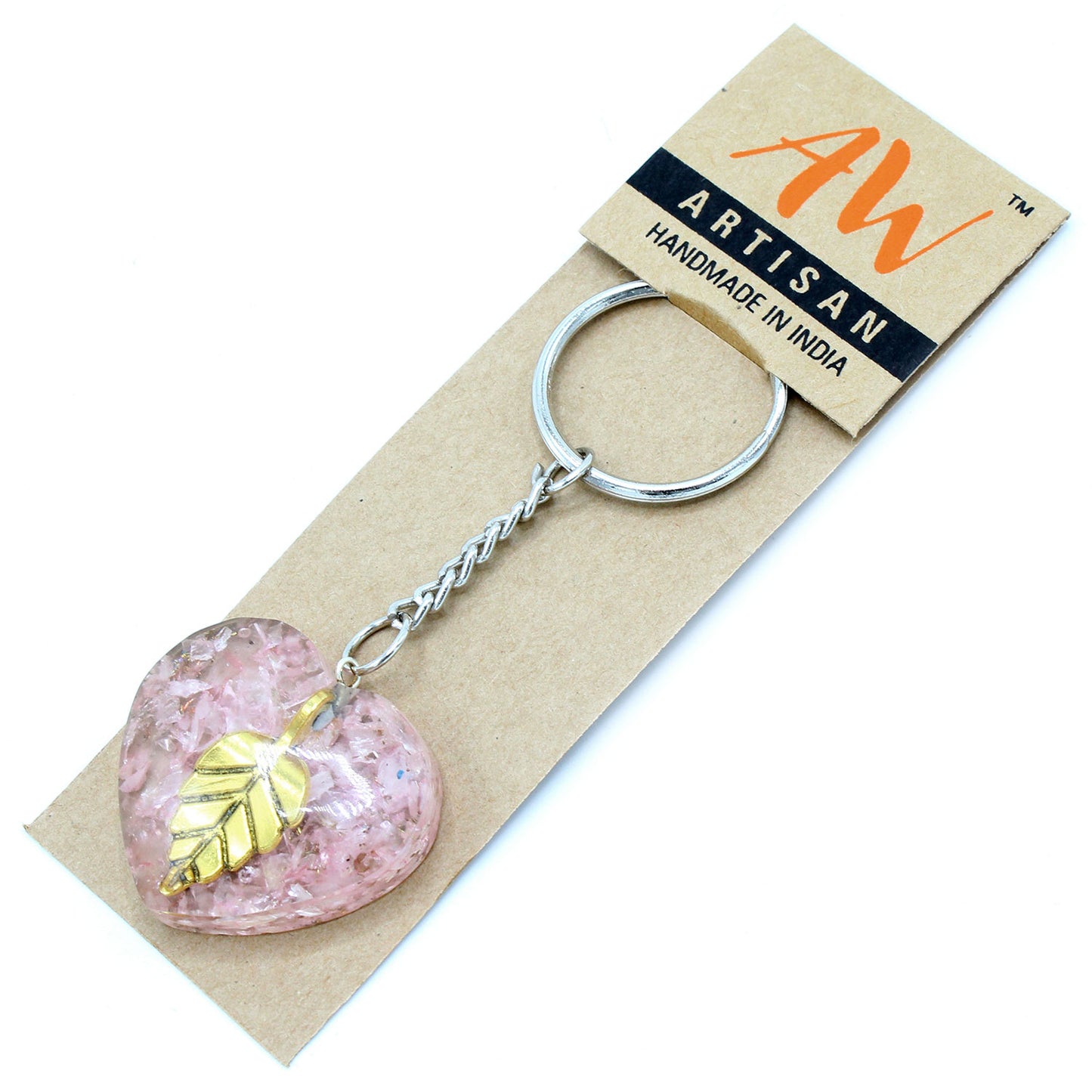 --Orgonite Power Keyring - Rose Quartz Heearts Golden Leaf-