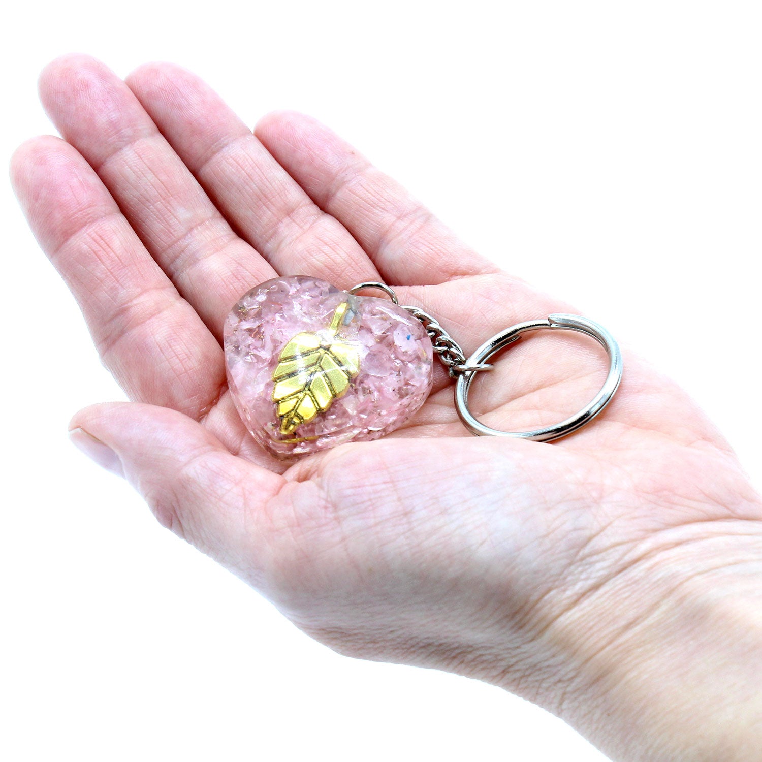 -1-Orgonite Power Keyring - Rose Quartz Heearts Golden Leaf-1