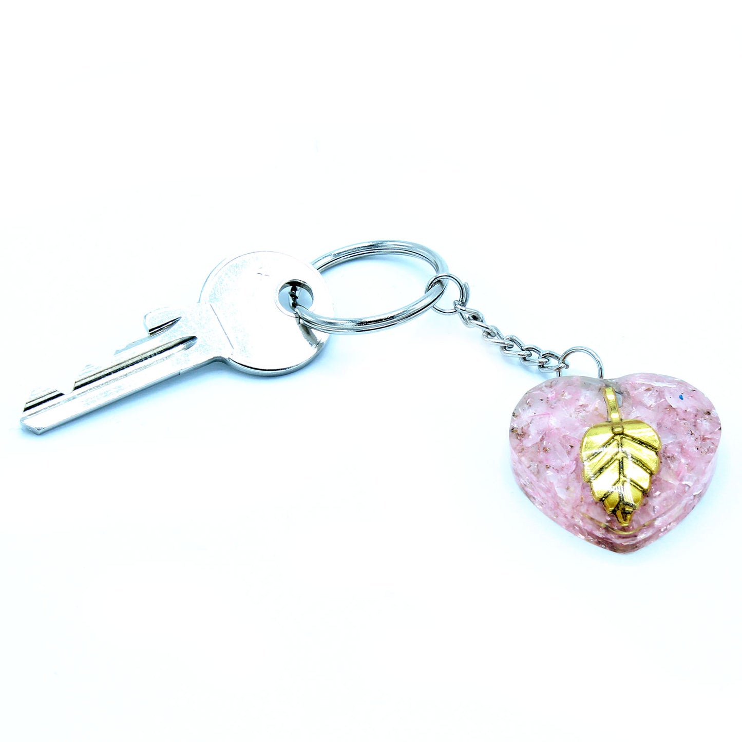 -3-Orgonite Power Keyring - Rose Quartz Heearts Golden Leaf-3