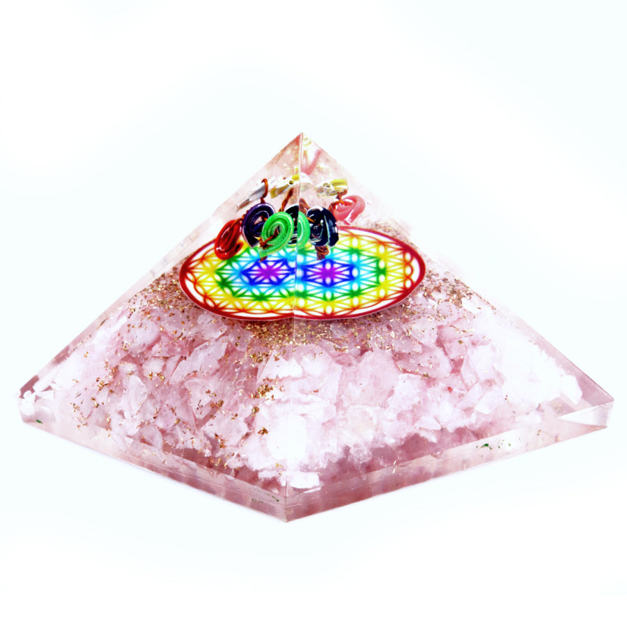 --Orgonite Pyramid -  Rose Quartz Rainbow Flower of Life - 70 mm-