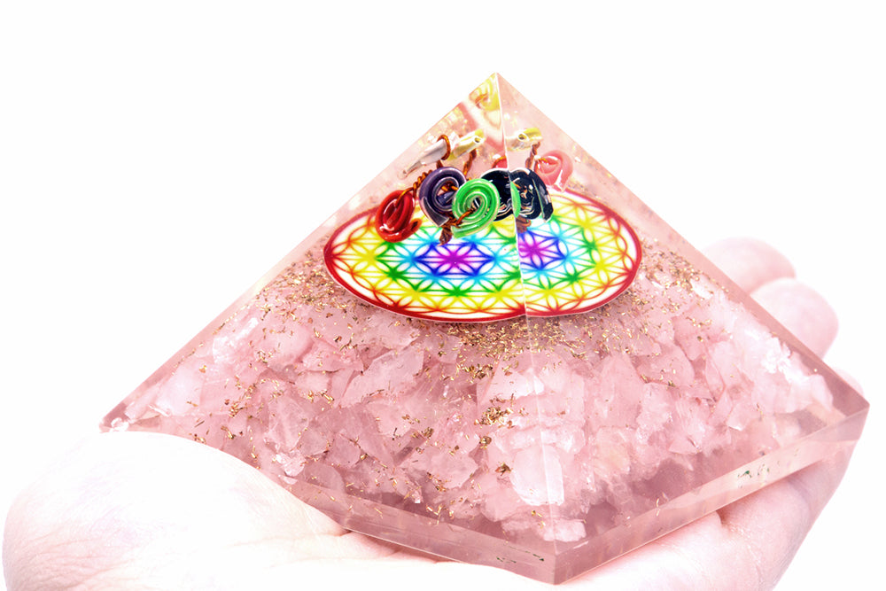 -1-Orgonite Pyramid -  Rose Quartz Rainbow Flower of Life - 70 mm-1