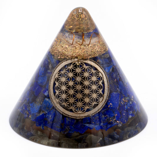 --Orgonite Cone - Lapis Flower of Life - Suspended Quartz - 90 mm-