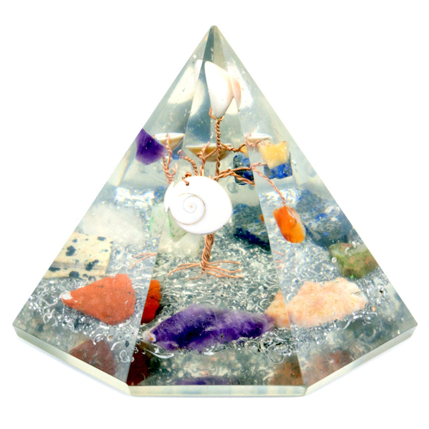 --Orgonite 7 sided Pyramid - Gemstone Wisdom Tree - 90 mm-