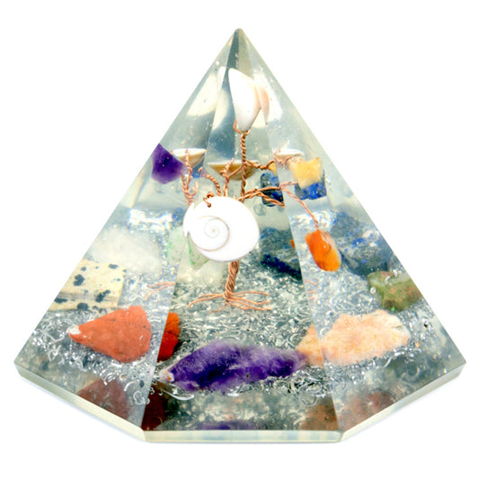 --Orgonite 7 sided Pyramid - Gemstone Wisdom Tree - 90 mm-