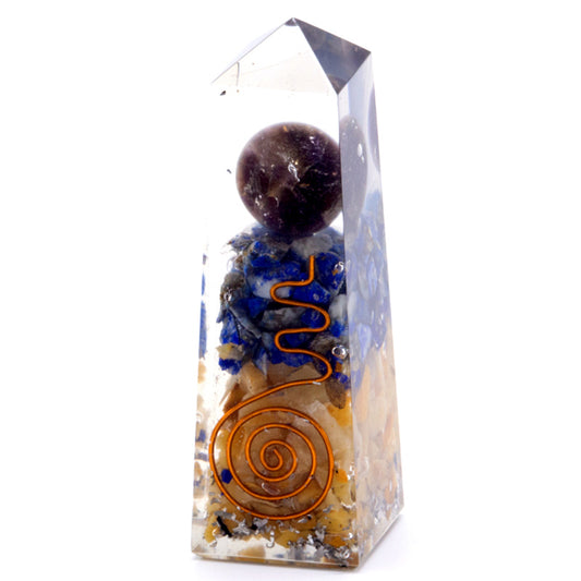 --Orgonite Obelisk Power Point Copper, Lapis and Yellow Aventurine - 90x25 mm-