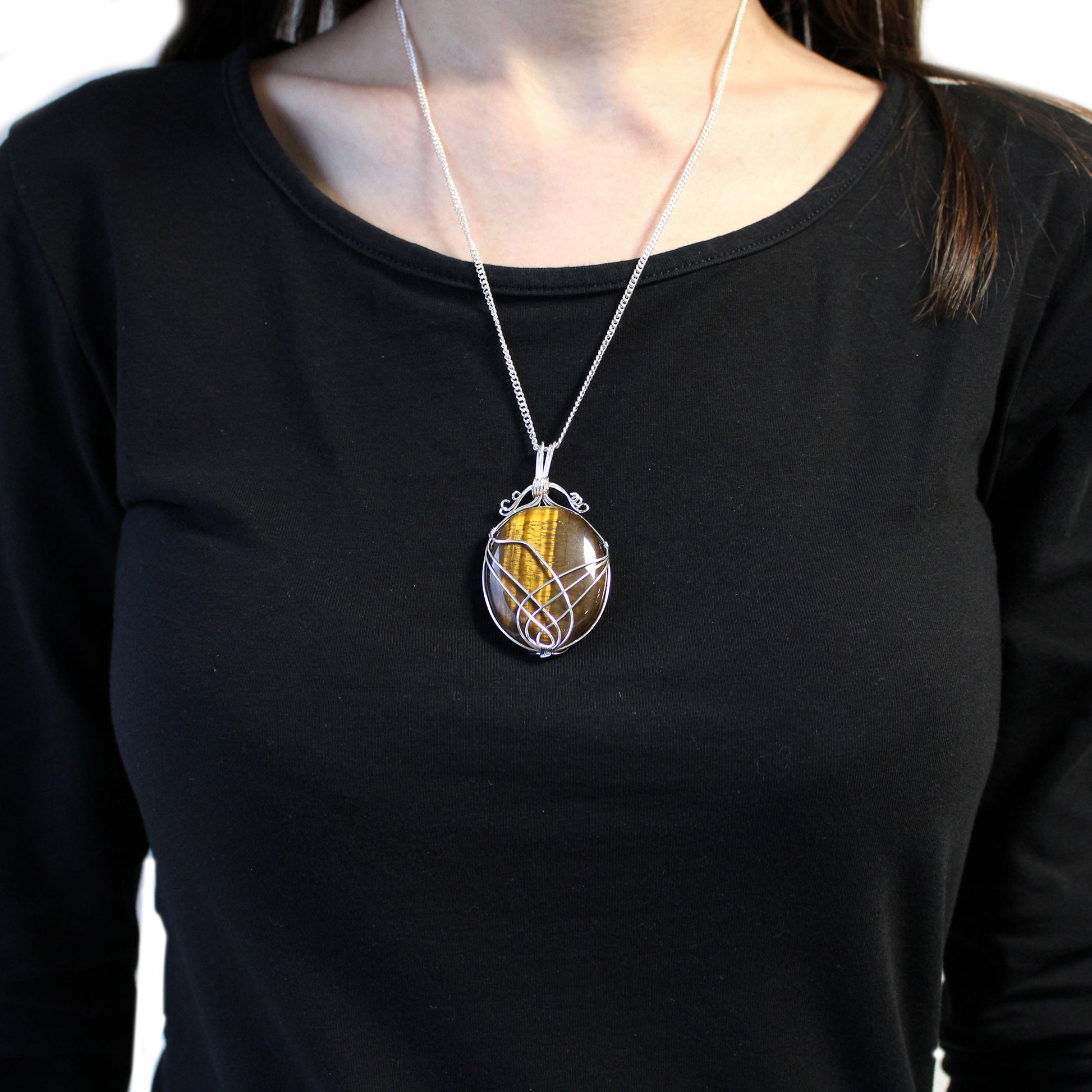 -1-Swirl Wrapped Gemstone Necklace - Tiger Eye-1