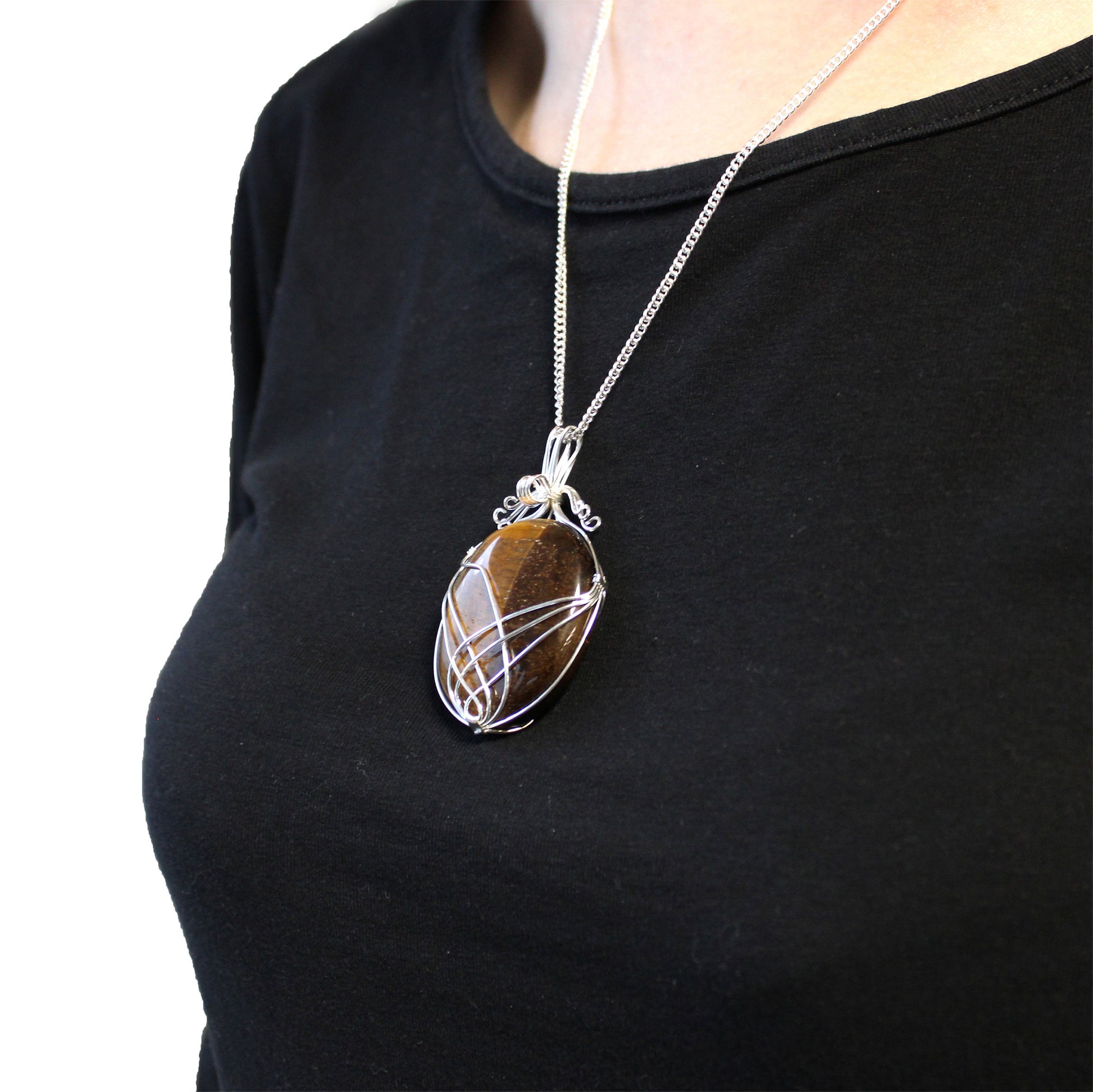 -2-Swirl Wrapped Gemstone Necklace - Tiger Eye-2