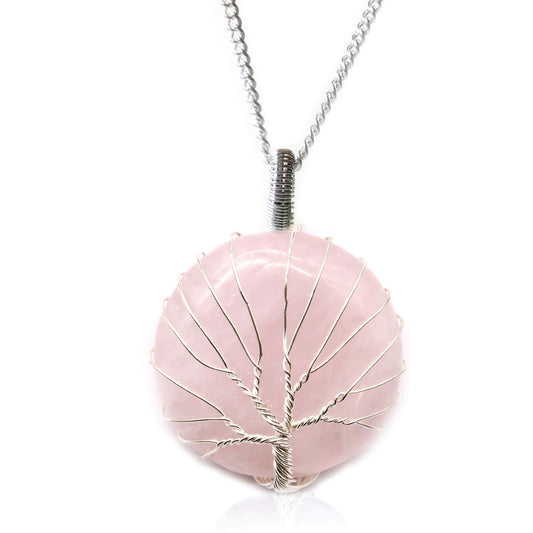 --Tree of Life Gemstone Necklace - Rose Quartz-