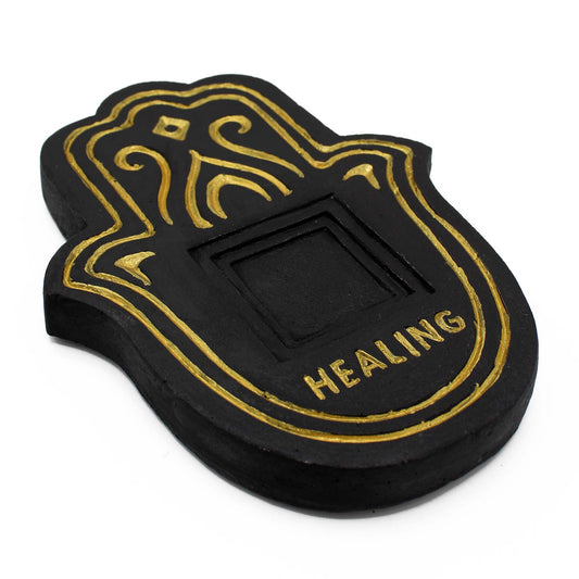 --Healling Incense Plate - Black & Gold Lava-Stone Effect-