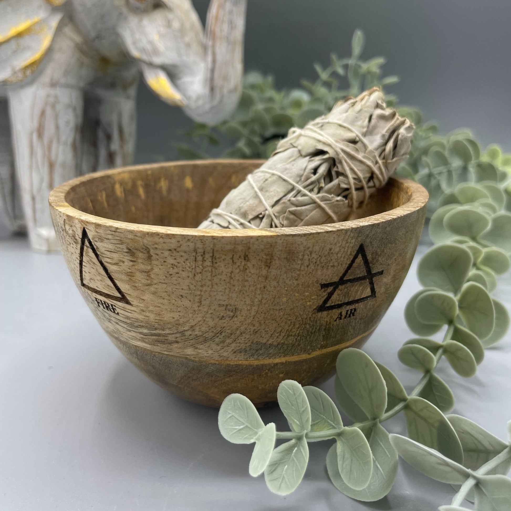 --Wooden Smudge and Ritual Offerings Bowl - Four Elements - 11x7cm-