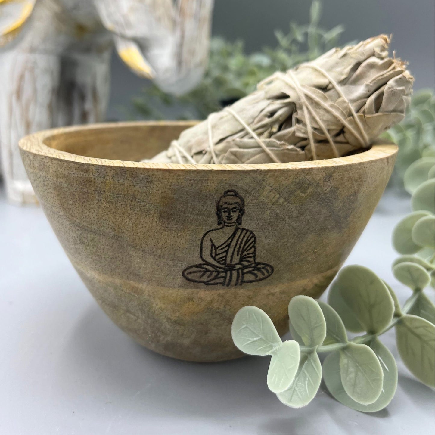 --Wooden Smudge and Ritual Offerings Bowl - Buddha - 11x7cm-