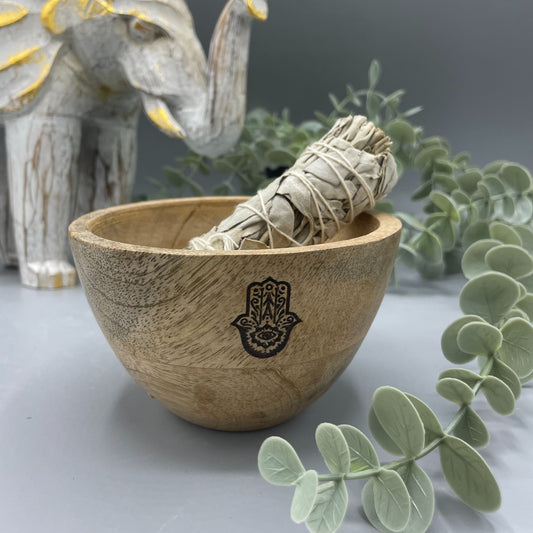 --Wooden Smudge and Ritual Offerings Bowl - Hamsa - 11x7cm-