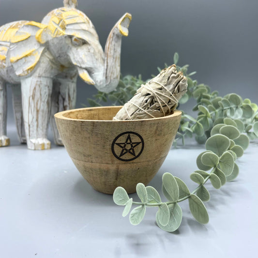 --Wooden Smudge and Ritual Offerings Bowl - Pentagram - 11x7cm-