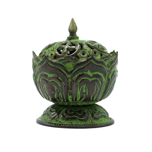 --Brass Verdigris Tibetan Incense Burner - Small Lotus-