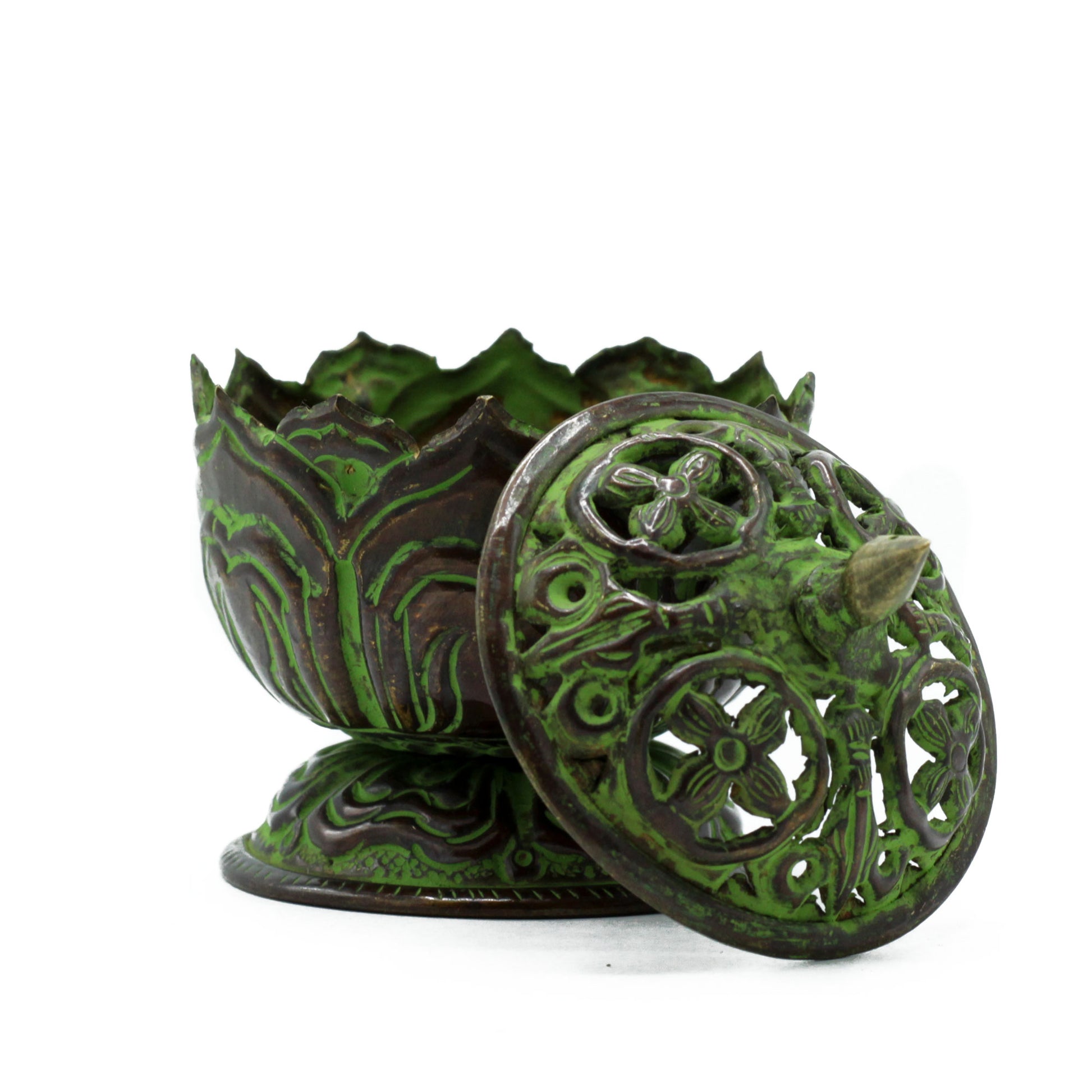 -1-Brass Verdigris Tibetan Incense Burner - Small Lotus-1