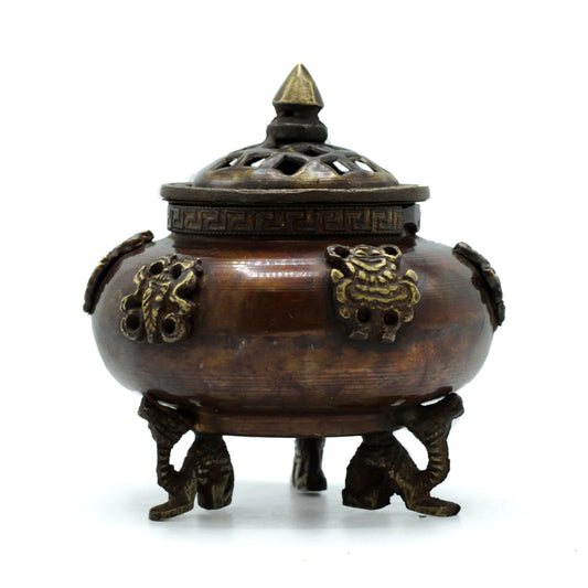 --Brass Tibetan Incense Burner - Six Symbols Standing Pot-