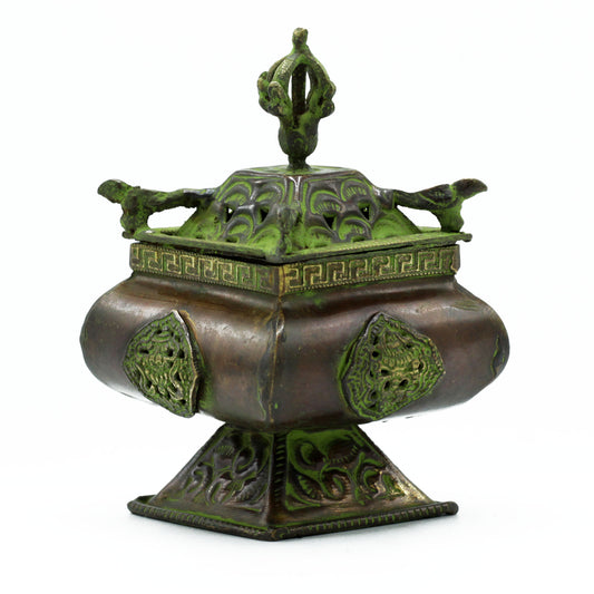 --Brass Verdigris Tibetan Burner - Four Symbols Square Standing Pot-