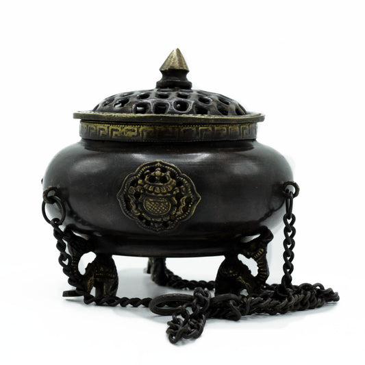 --Lrg Brass Tibetan Burner - Four Symbol Hanging Pot-