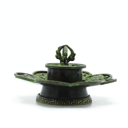 --Brass Verdigris Tibetan Cone & Incense Holder - Eight Symbols-