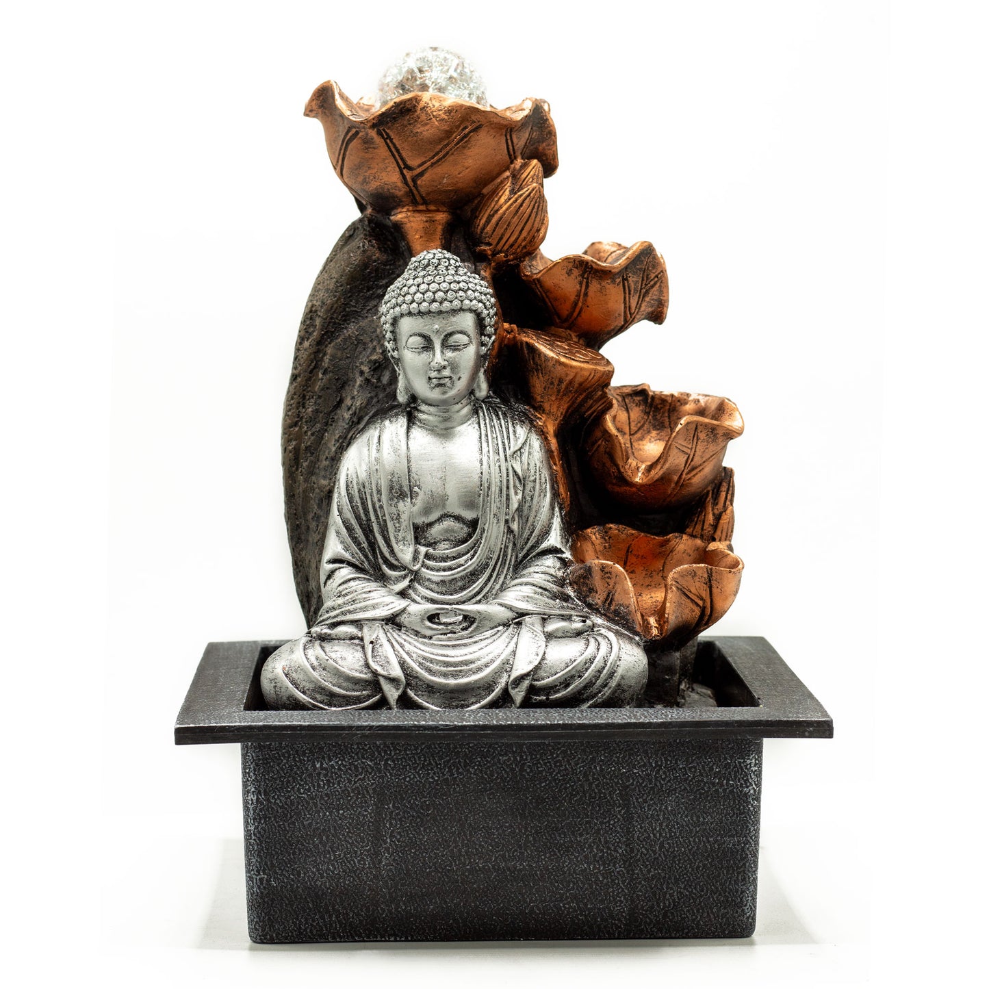 --Tabletop Water Feature - 35cm - Silver Buddha Cascade & Crystal Ball-