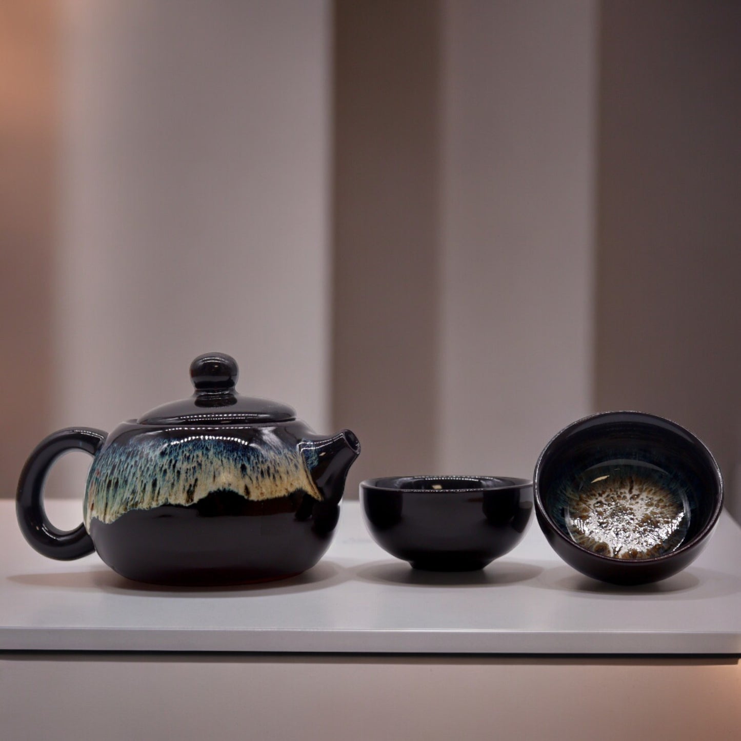 --Herbal Black Glaze Teapot Set - Pot & Two Cups-